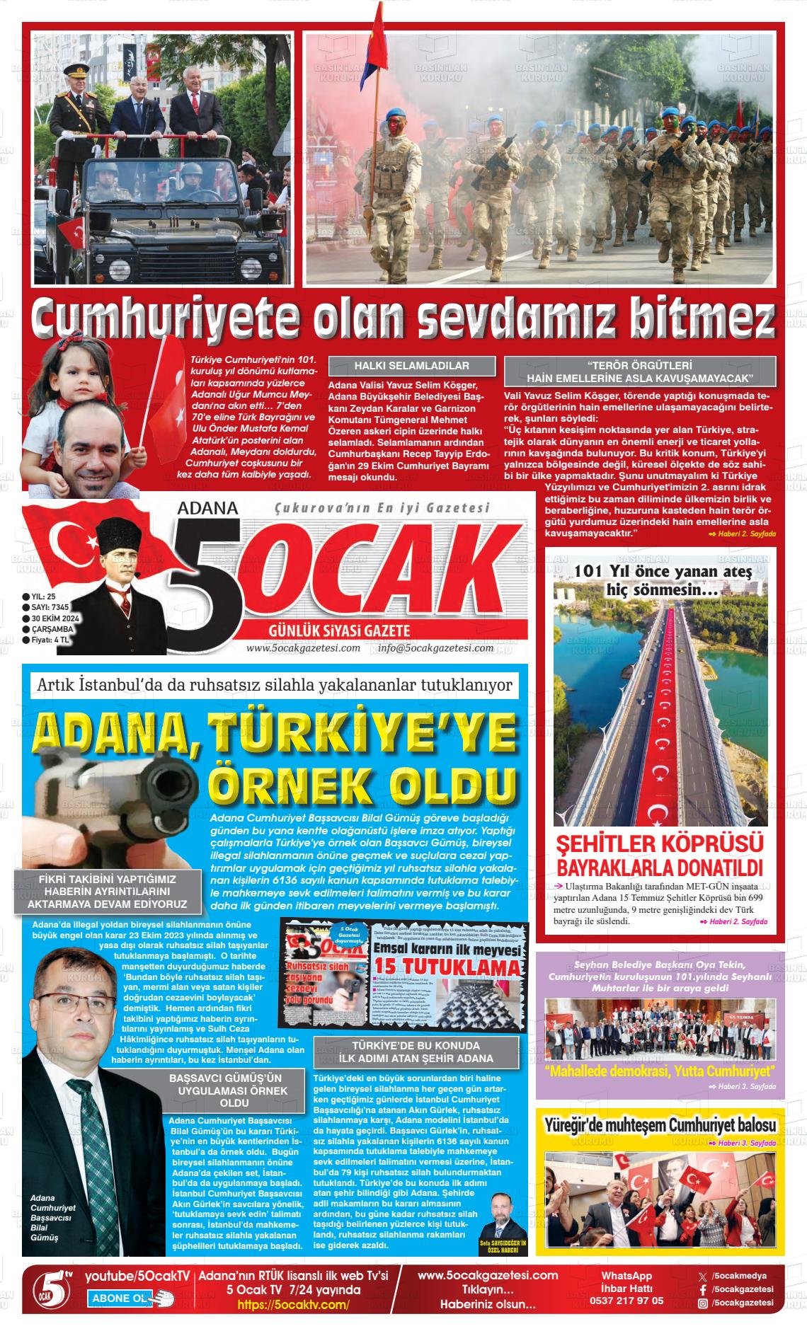 30 Ekim 2024 Adana 5 Ocak Gazete Manşeti