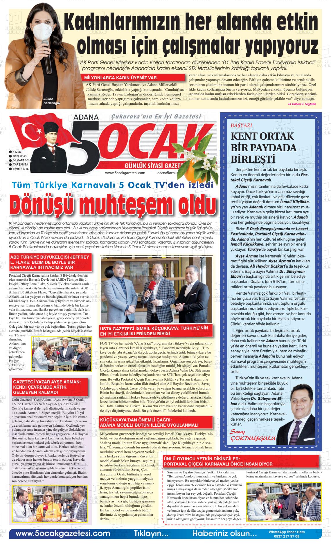 30 Mart 2022 Adana 5 Ocak Gazete Manşeti