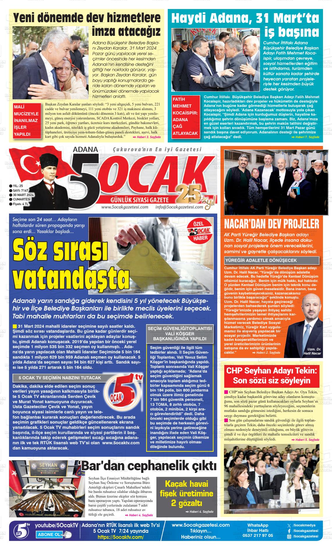 30 Mart 2024 Adana 5 Ocak Gazete Manşeti