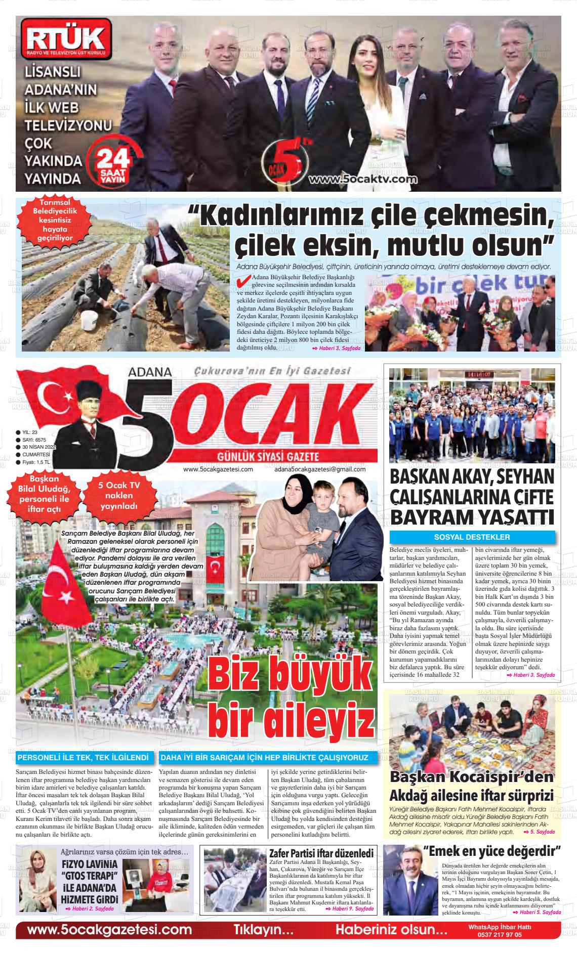 30 Nisan 2022 Adana 5 Ocak Gazete Manşeti