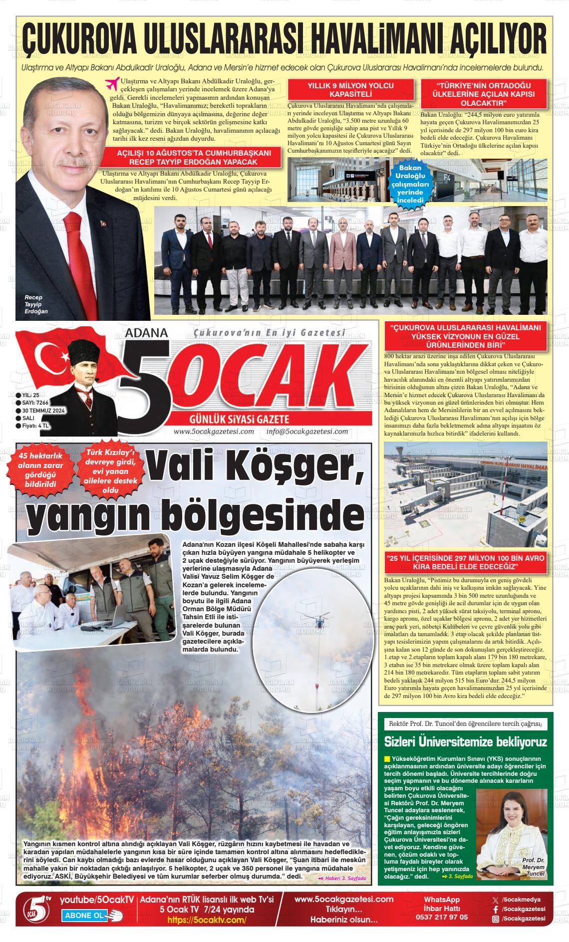 30 Temmuz 2024 Adana 5 Ocak Gazete Manşeti