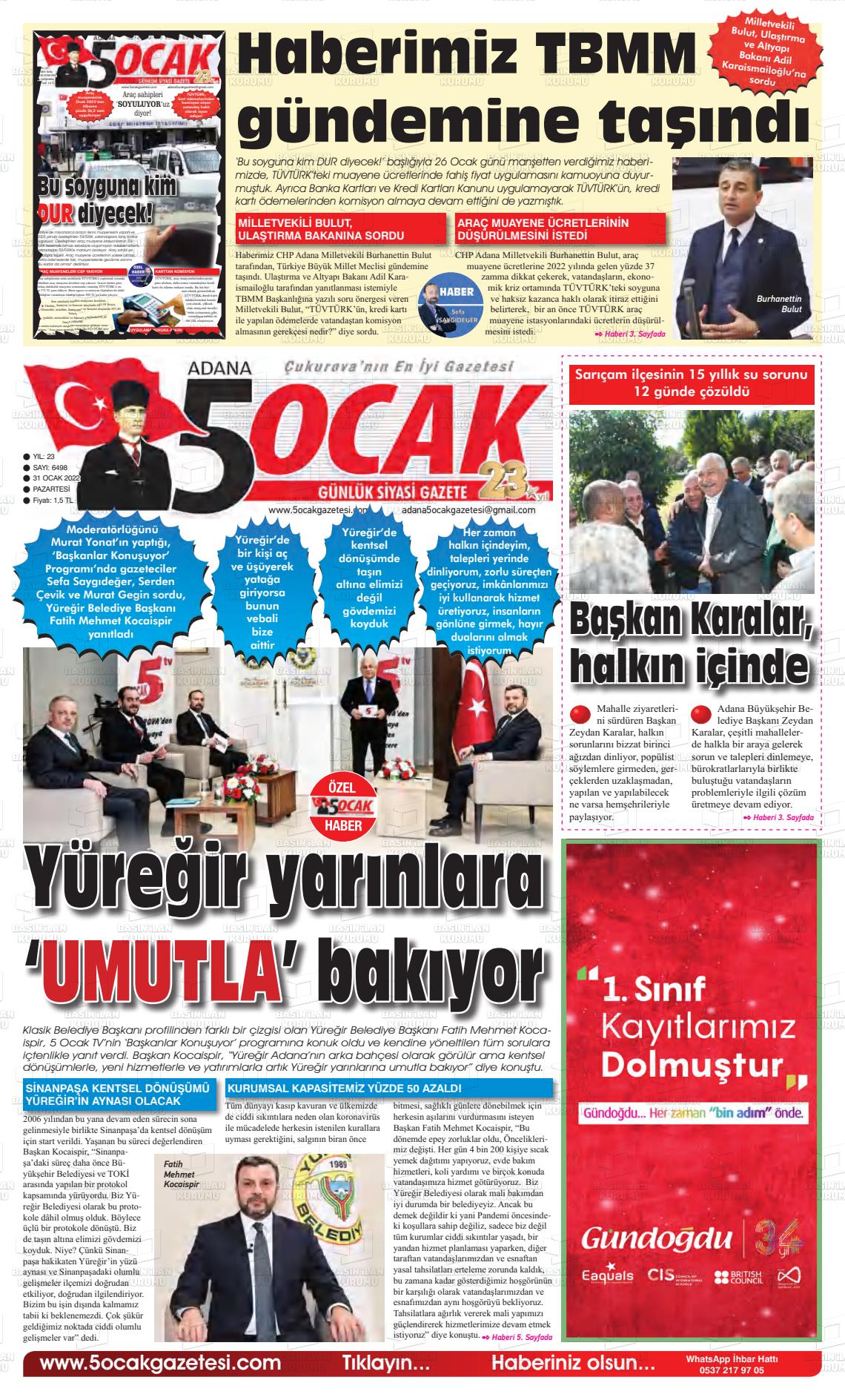 31 Ocak 2022 Adana 5 Ocak Gazete Manşeti