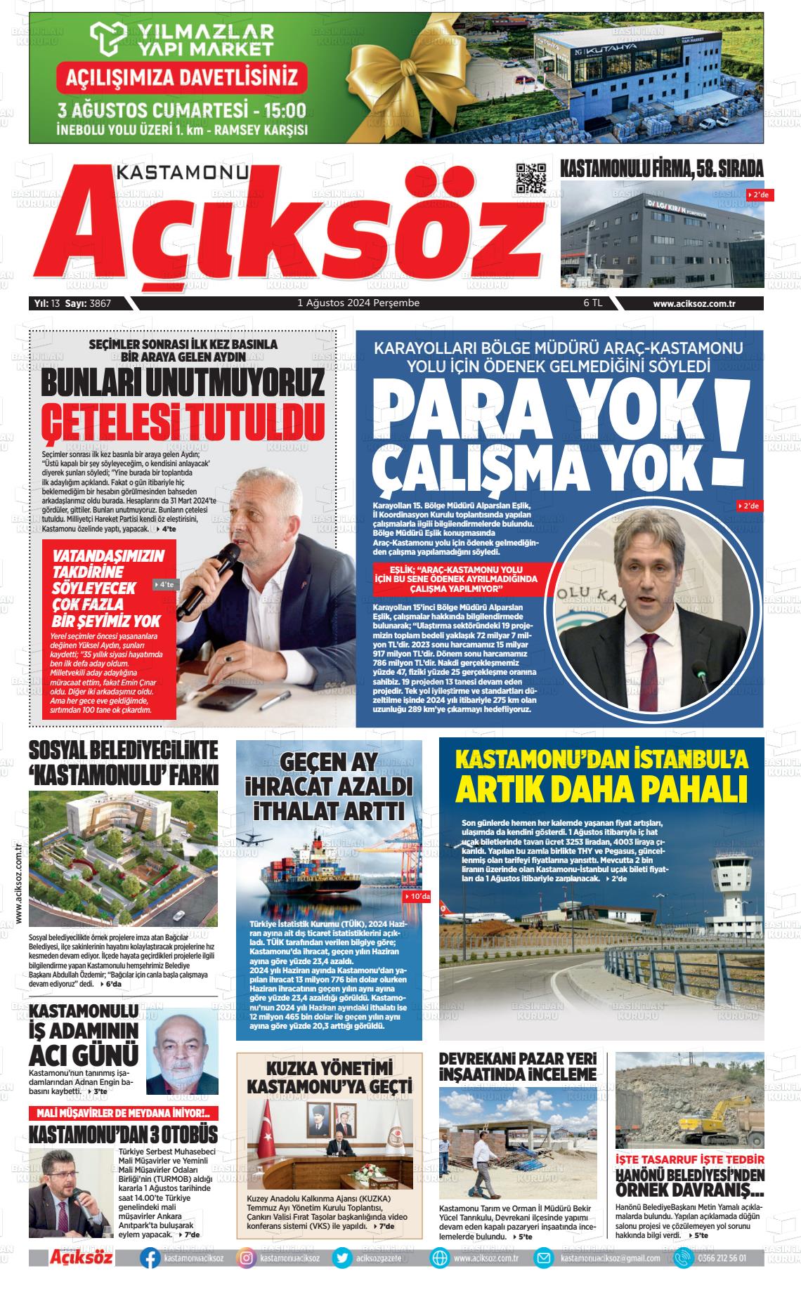 01 Ağustos 2024 KASTAMONU AÇIKSÖZ GAZETESİ Gazete Manşeti