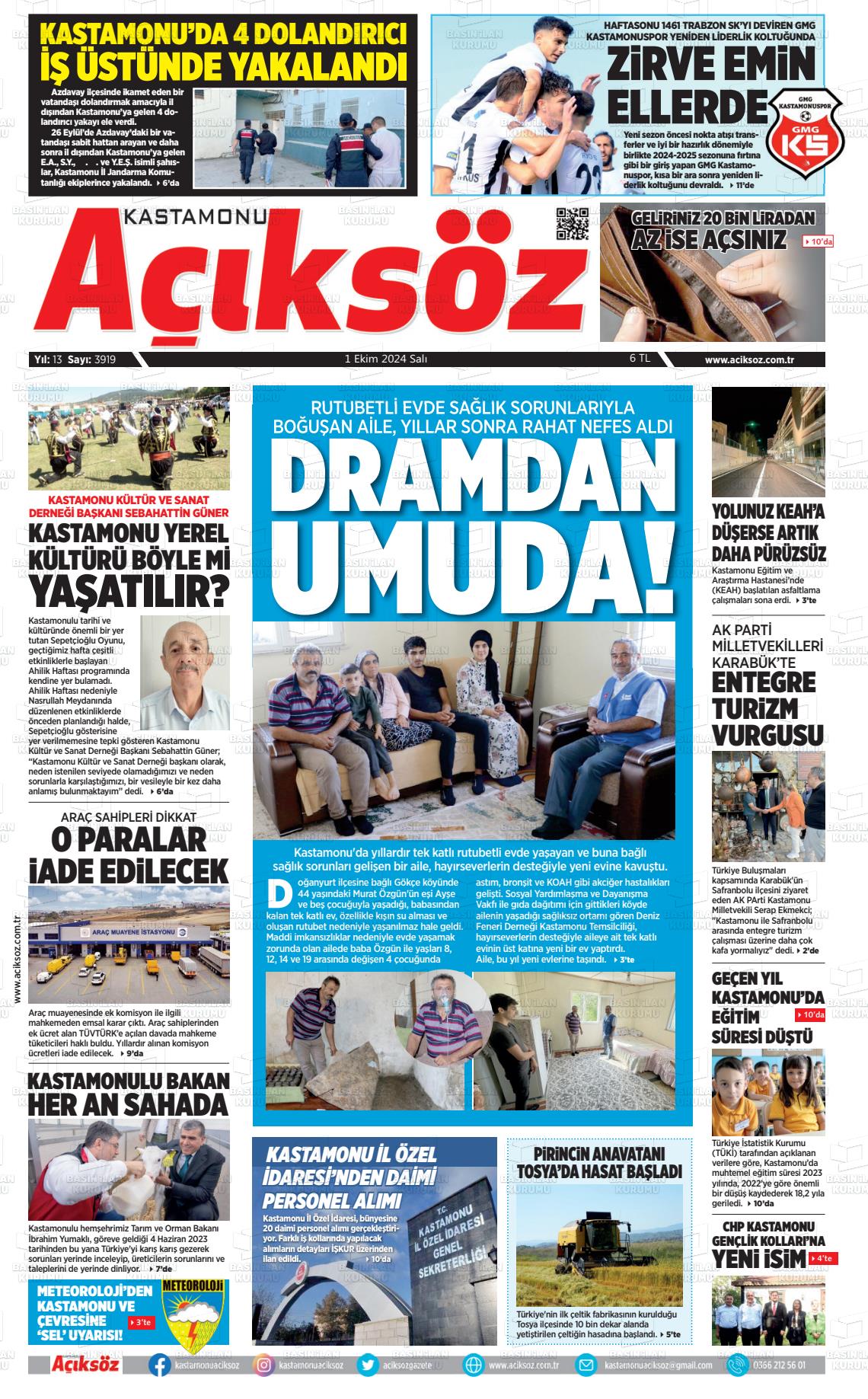 01 Ekim 2024 KASTAMONU AÇIKSÖZ GAZETESİ Gazete Manşeti