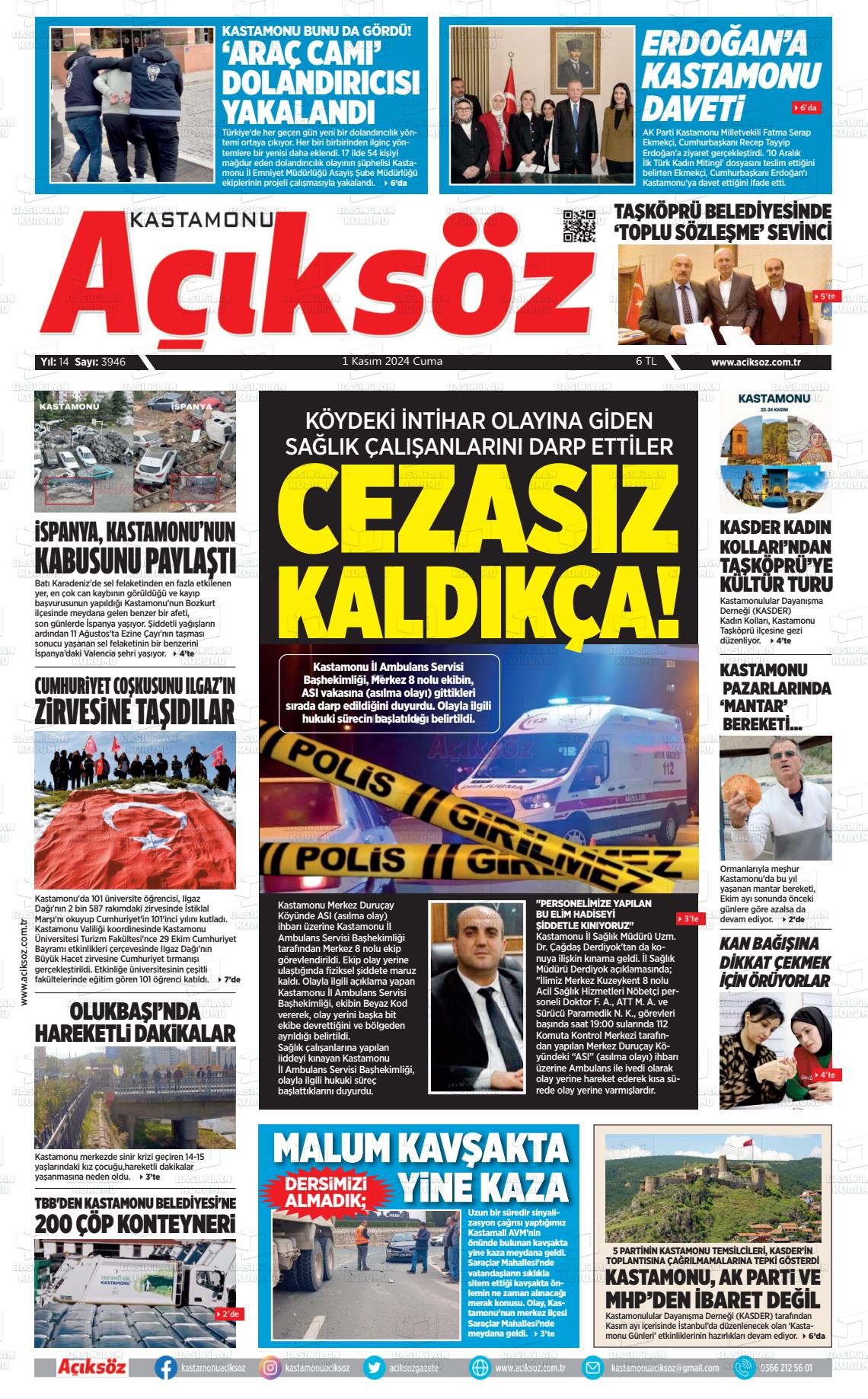 01 Kasım 2024 KASTAMONU AÇIKSÖZ GAZETESİ Gazete Manşeti