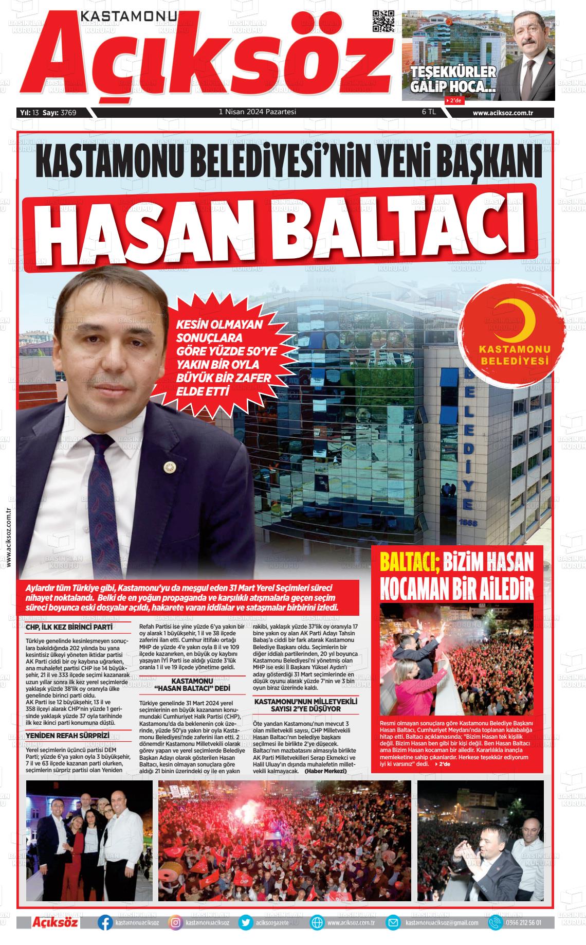 01 Nisan 2024 KASTAMONU AÇIKSÖZ GAZETESİ Gazete Manşeti