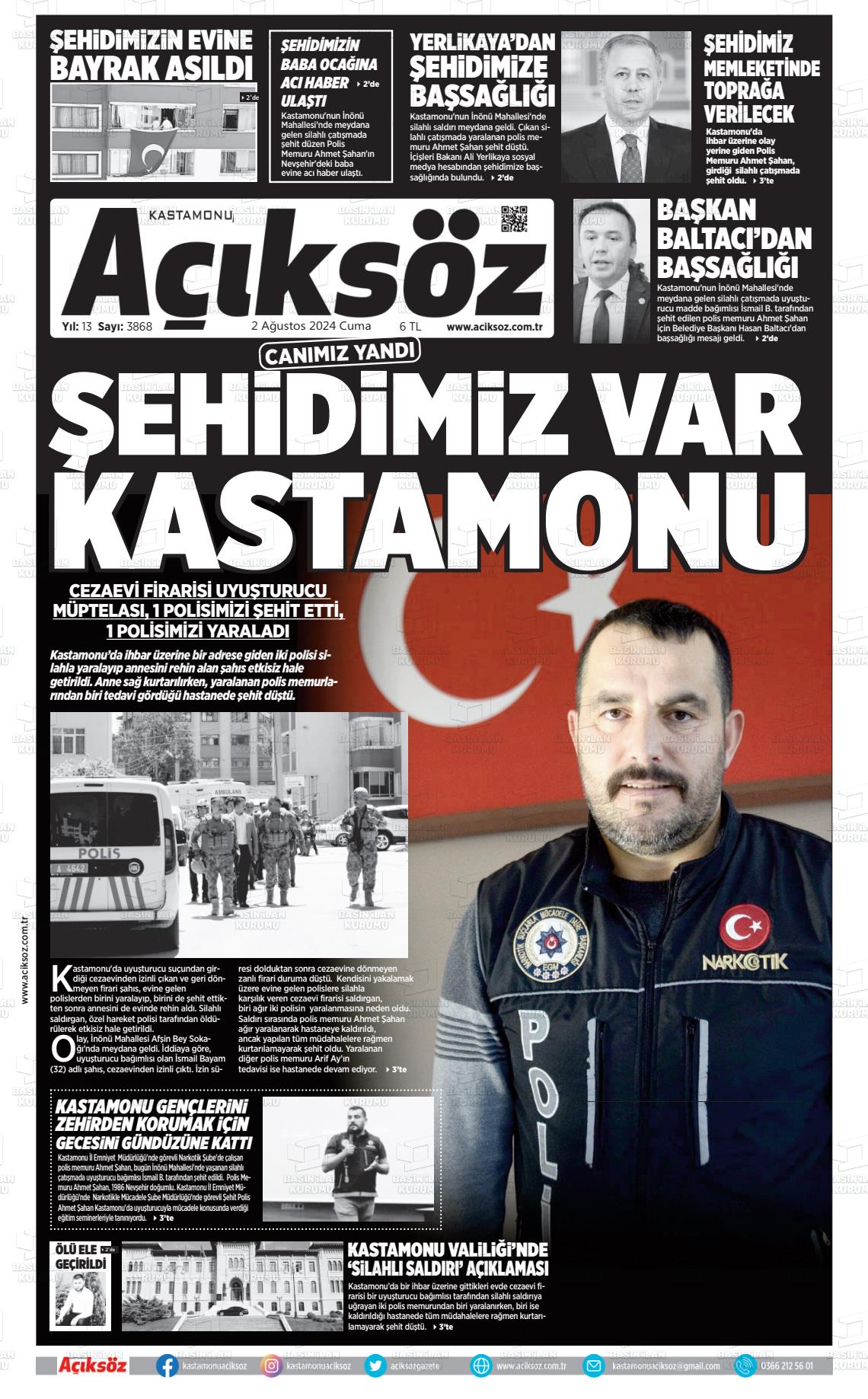 02 Ağustos 2024 KASTAMONU AÇIKSÖZ GAZETESİ Gazete Manşeti