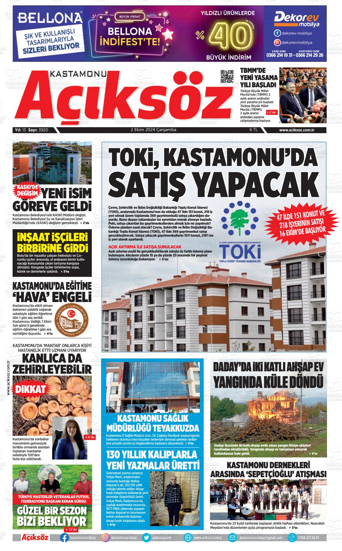 02 Ekim 2024 KASTAMONU AÇIKSÖZ GAZETESİ Gazete Manşeti