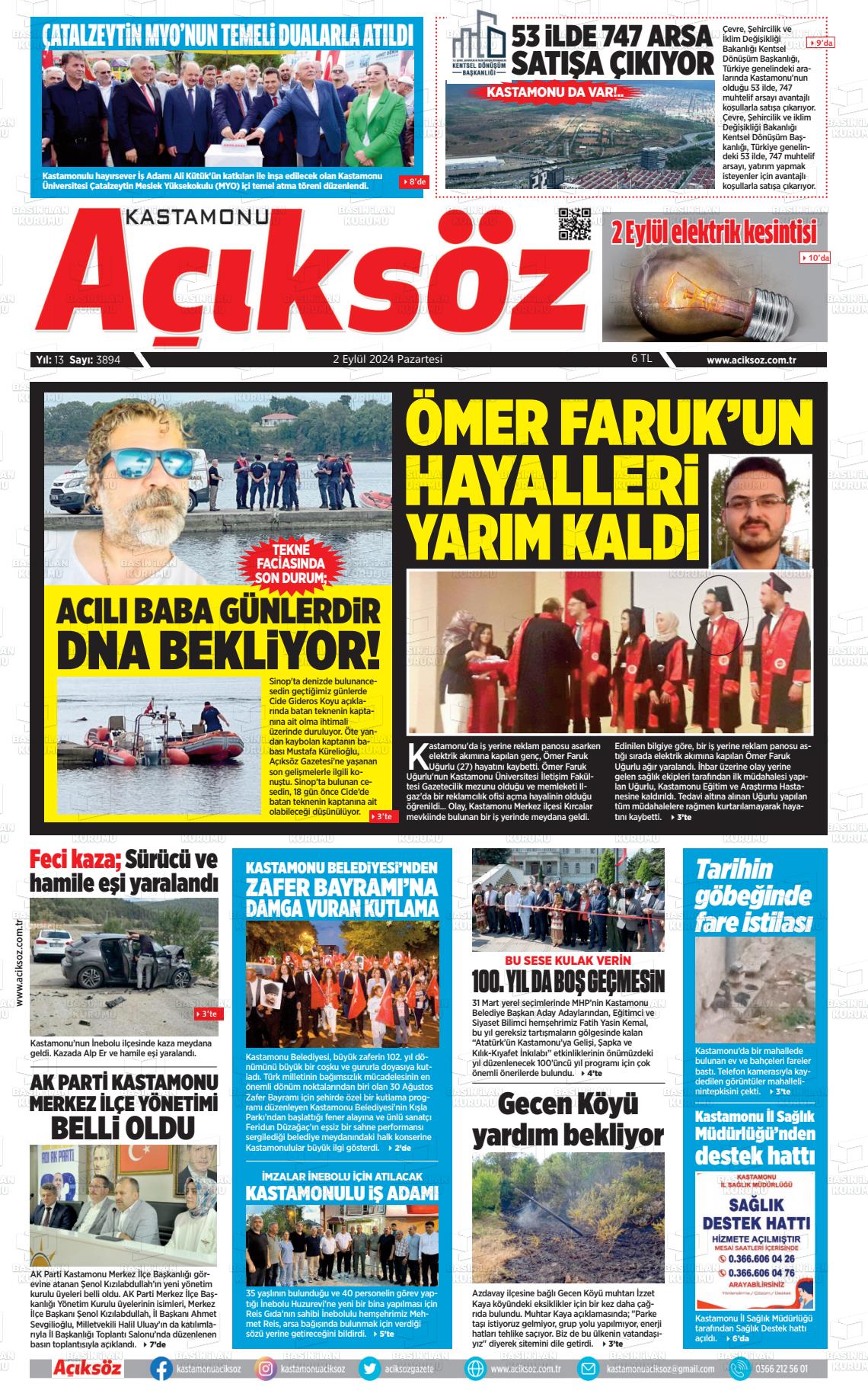 02 Eylül 2024 KASTAMONU AÇIKSÖZ GAZETESİ Gazete Manşeti