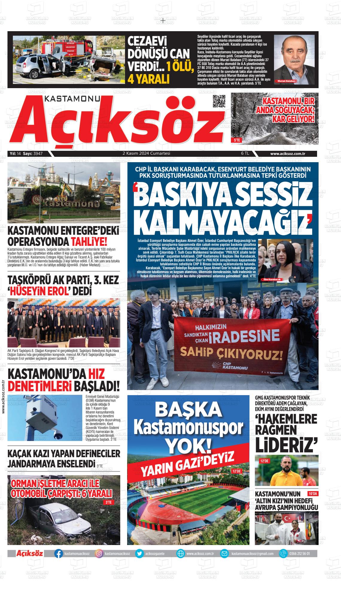 02 Kasım 2024 KASTAMONU AÇIKSÖZ GAZETESİ Gazete Manşeti