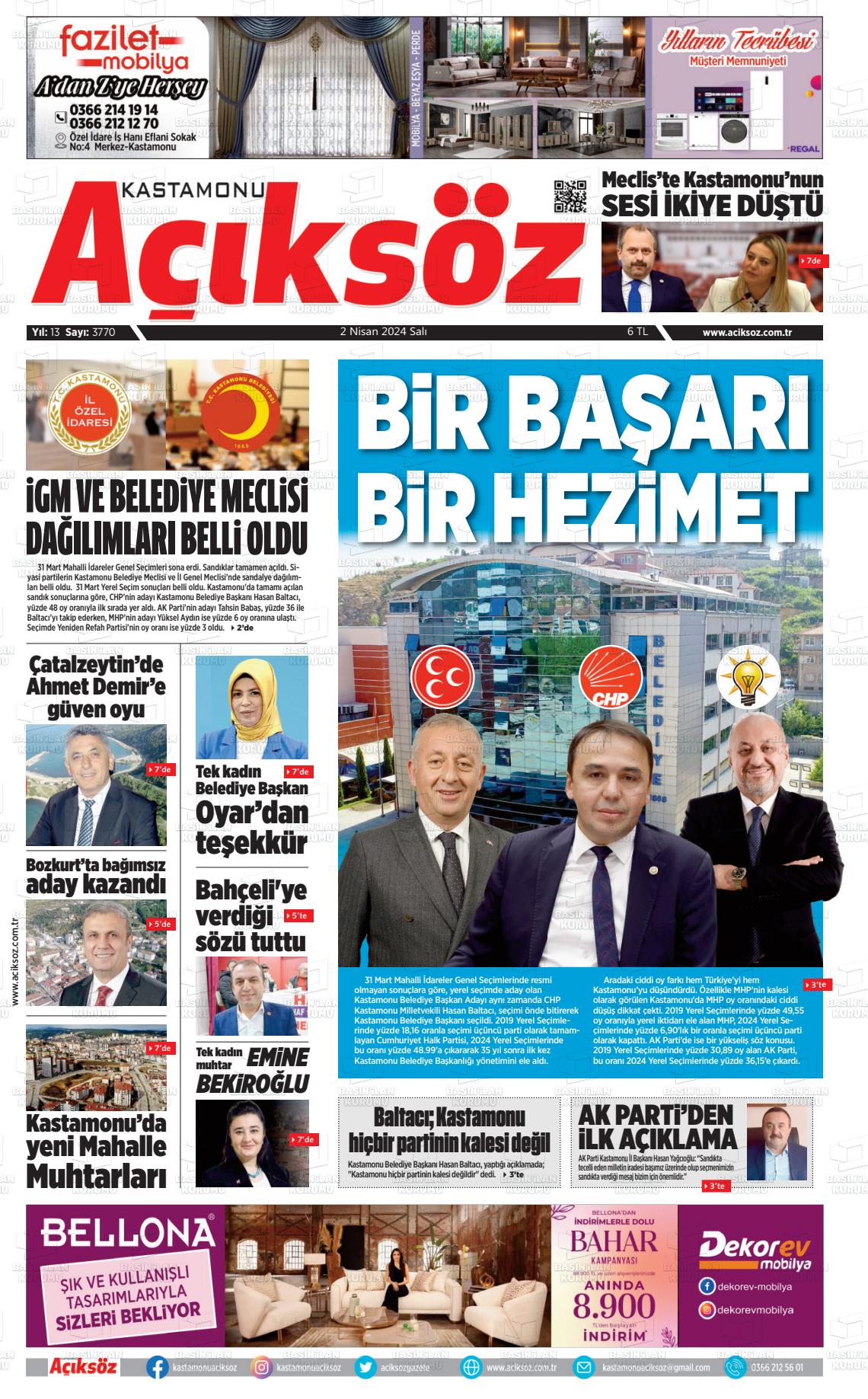 02 Nisan 2024 KASTAMONU AÇIKSÖZ GAZETESİ Gazete Manşeti