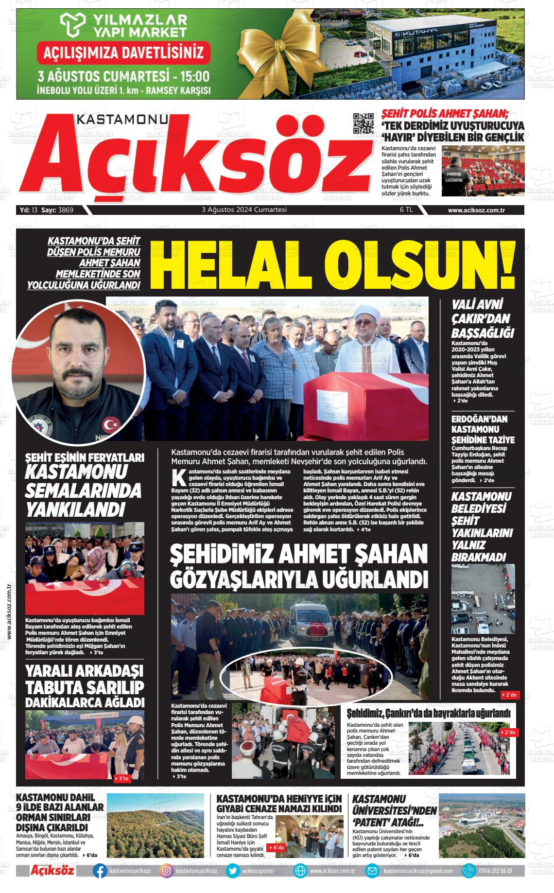 03 Ağustos 2024 KASTAMONU AÇIKSÖZ GAZETESİ Gazete Manşeti