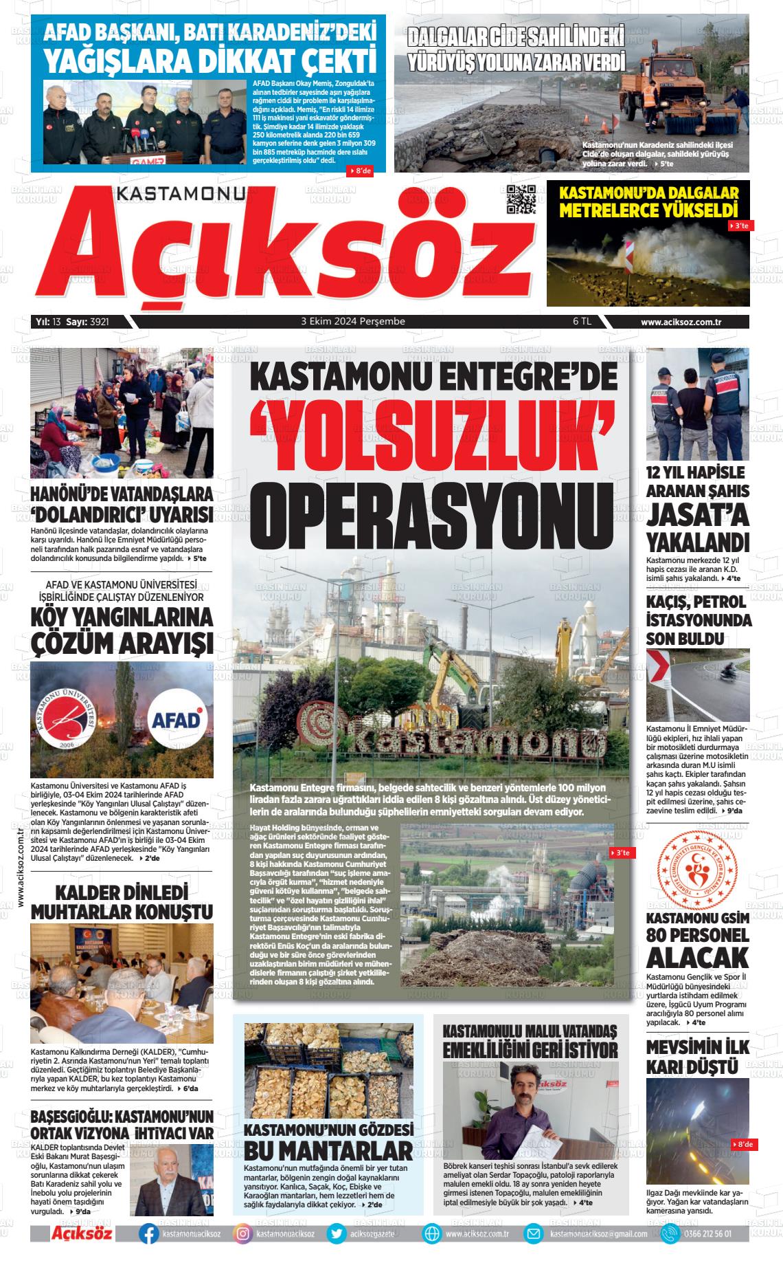 03 Ekim 2024 KASTAMONU AÇIKSÖZ GAZETESİ Gazete Manşeti