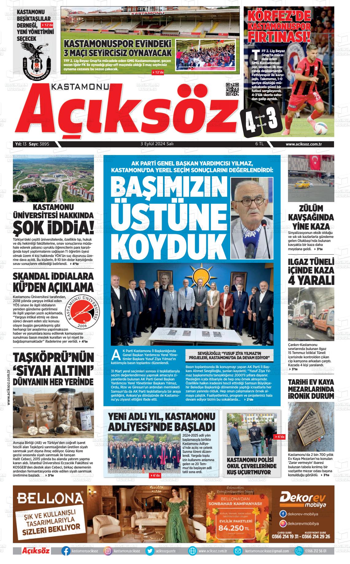 03 Eylül 2024 KASTAMONU AÇIKSÖZ GAZETESİ Gazete Manşeti