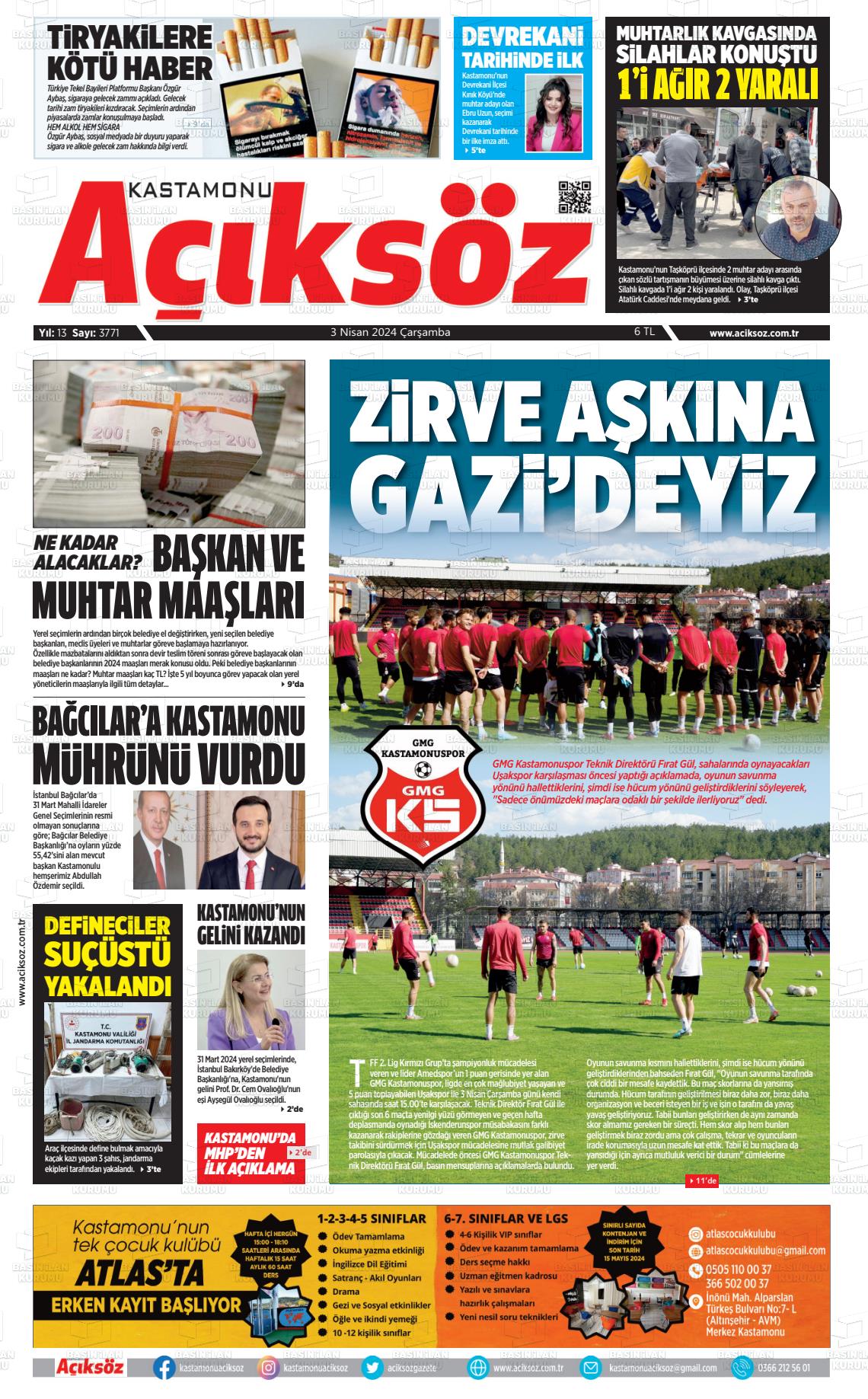 03 Nisan 2024 KASTAMONU AÇIKSÖZ GAZETESİ Gazete Manşeti