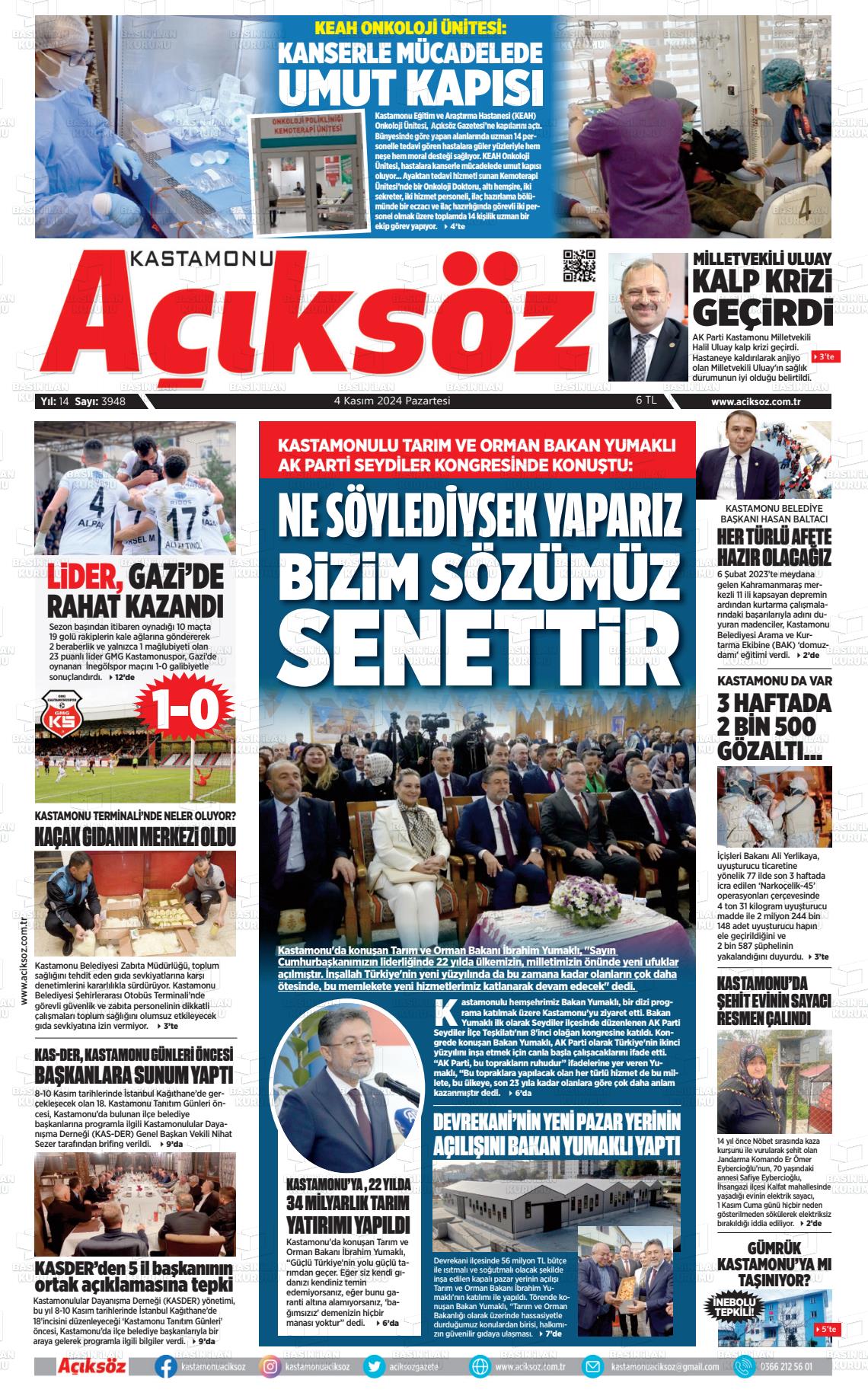 04 Kasım 2024 KASTAMONU AÇIKSÖZ GAZETESİ Gazete Manşeti