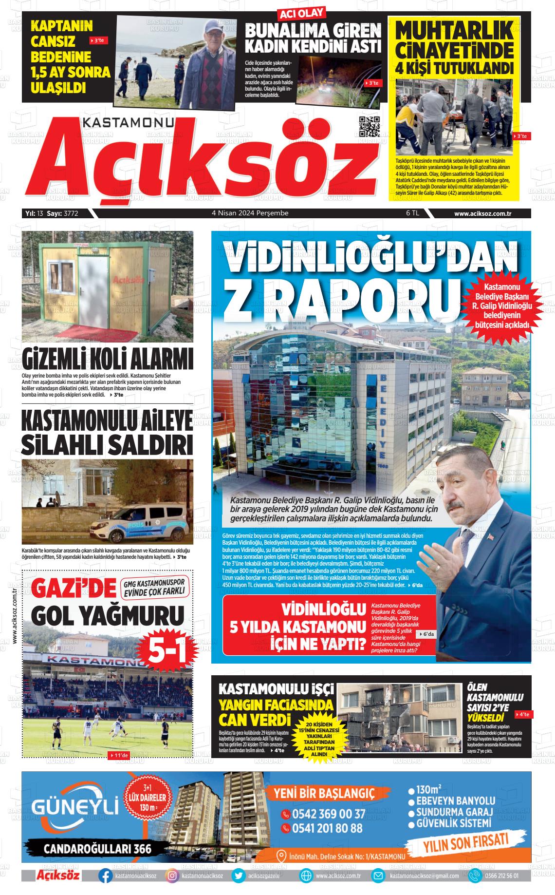 04 Nisan 2024 KASTAMONU AÇIKSÖZ GAZETESİ Gazete Manşeti