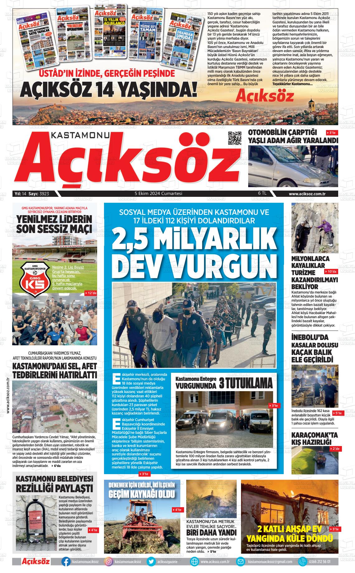 05 Ekim 2024 KASTAMONU AÇIKSÖZ GAZETESİ Gazete Manşeti