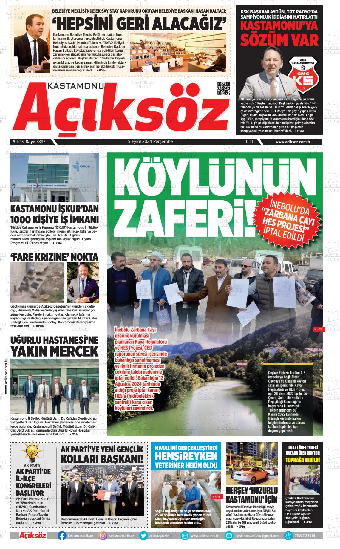 05 Eylül 2024 KASTAMONU AÇIKSÖZ GAZETESİ Gazete Manşeti