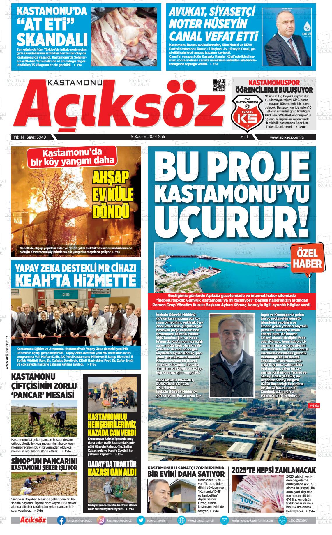 05 Kasım 2024 KASTAMONU AÇIKSÖZ GAZETESİ Gazete Manşeti