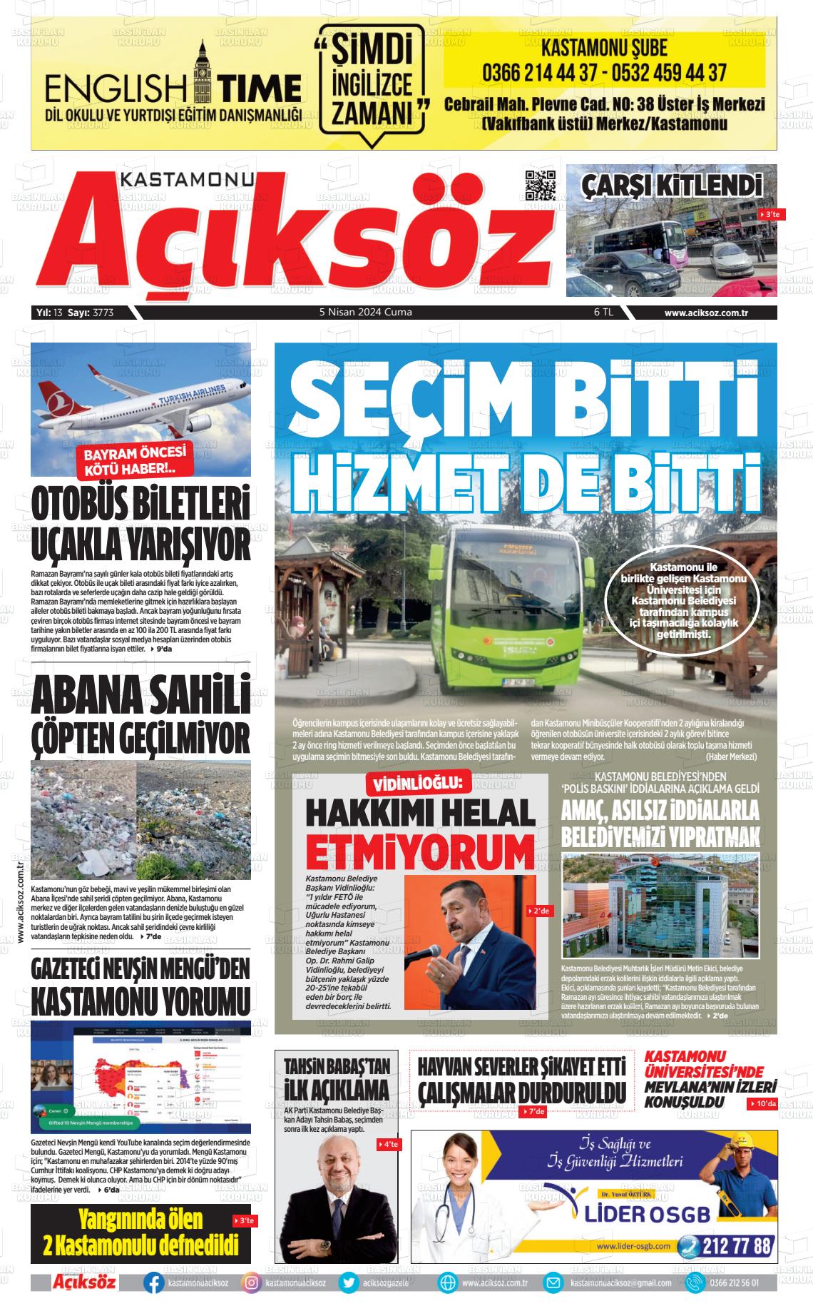 05 Nisan 2024 KASTAMONU AÇIKSÖZ GAZETESİ Gazete Manşeti