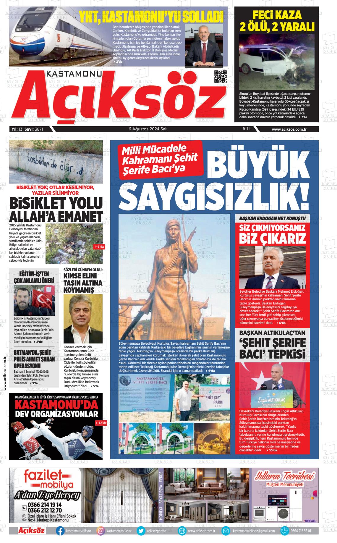 06 Ağustos 2024 KASTAMONU AÇIKSÖZ GAZETESİ Gazete Manşeti