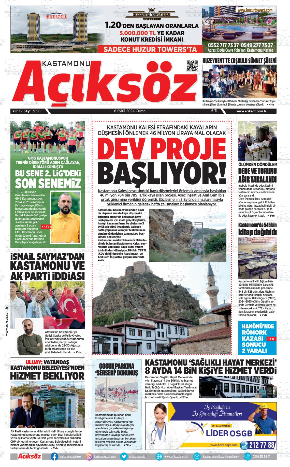 06 Eylül 2024 KASTAMONU AÇIKSÖZ GAZETESİ Gazete Manşeti