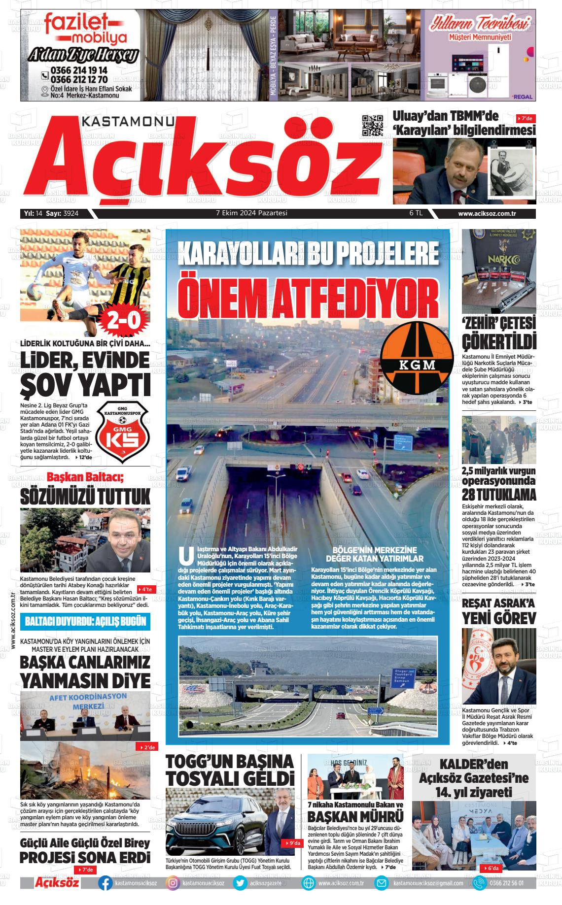 07 Ekim 2024 KASTAMONU AÇIKSÖZ GAZETESİ Gazete Manşeti