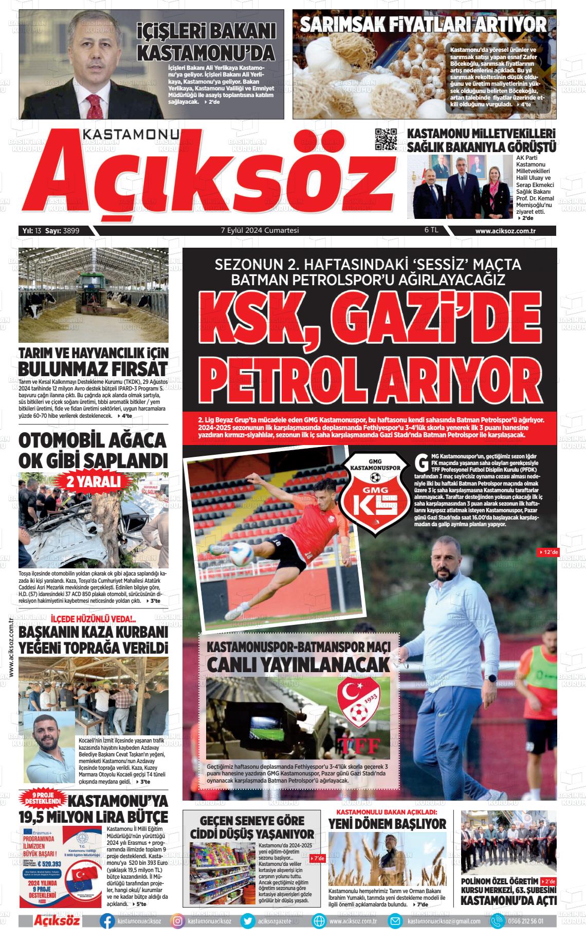 07 Eylül 2024 KASTAMONU AÇIKSÖZ GAZETESİ Gazete Manşeti