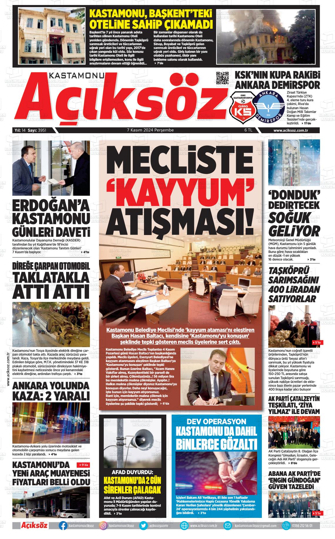 07 Kasım 2024 KASTAMONU AÇIKSÖZ GAZETESİ Gazete Manşeti