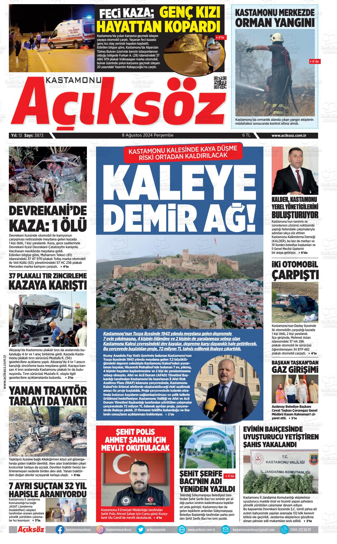 08 Ağustos 2024 KASTAMONU AÇIKSÖZ GAZETESİ Gazete Manşeti