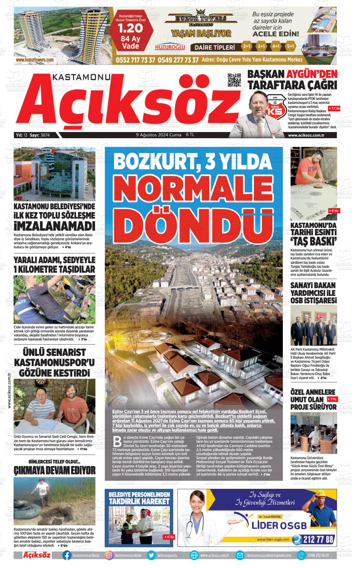 09 Ağustos 2024 KASTAMONU AÇIKSÖZ GAZETESİ Gazete Manşeti