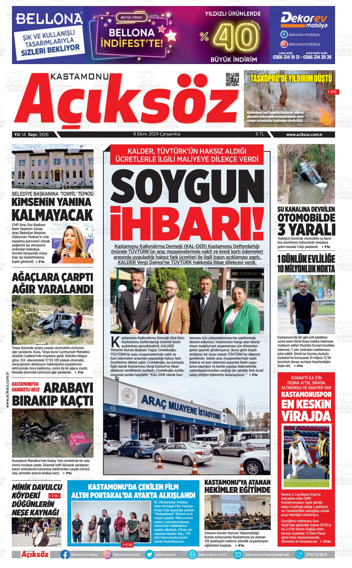 09 Ekim 2024 KASTAMONU AÇIKSÖZ GAZETESİ Gazete Manşeti