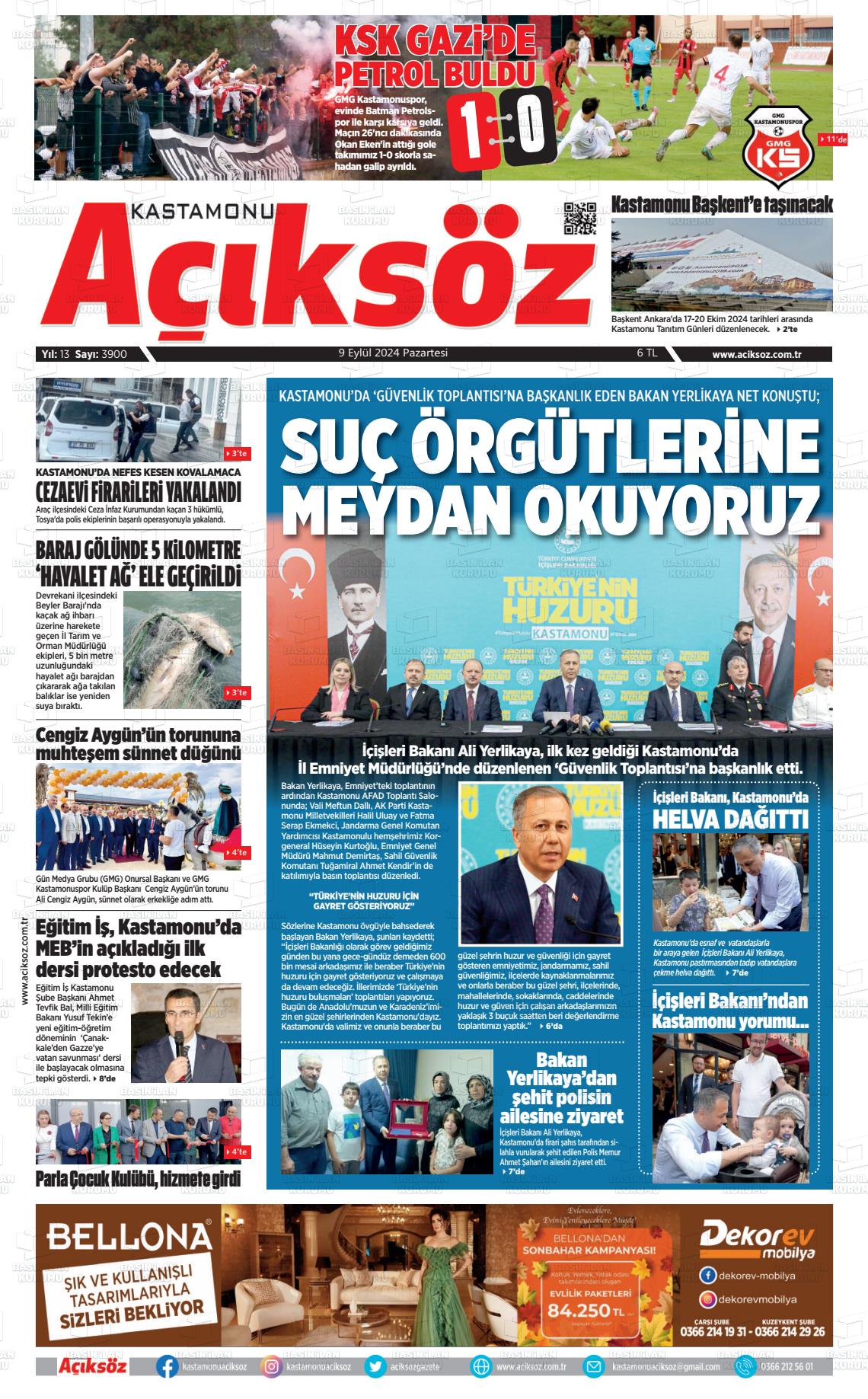 09 Eylül 2024 KASTAMONU AÇIKSÖZ GAZETESİ Gazete Manşeti