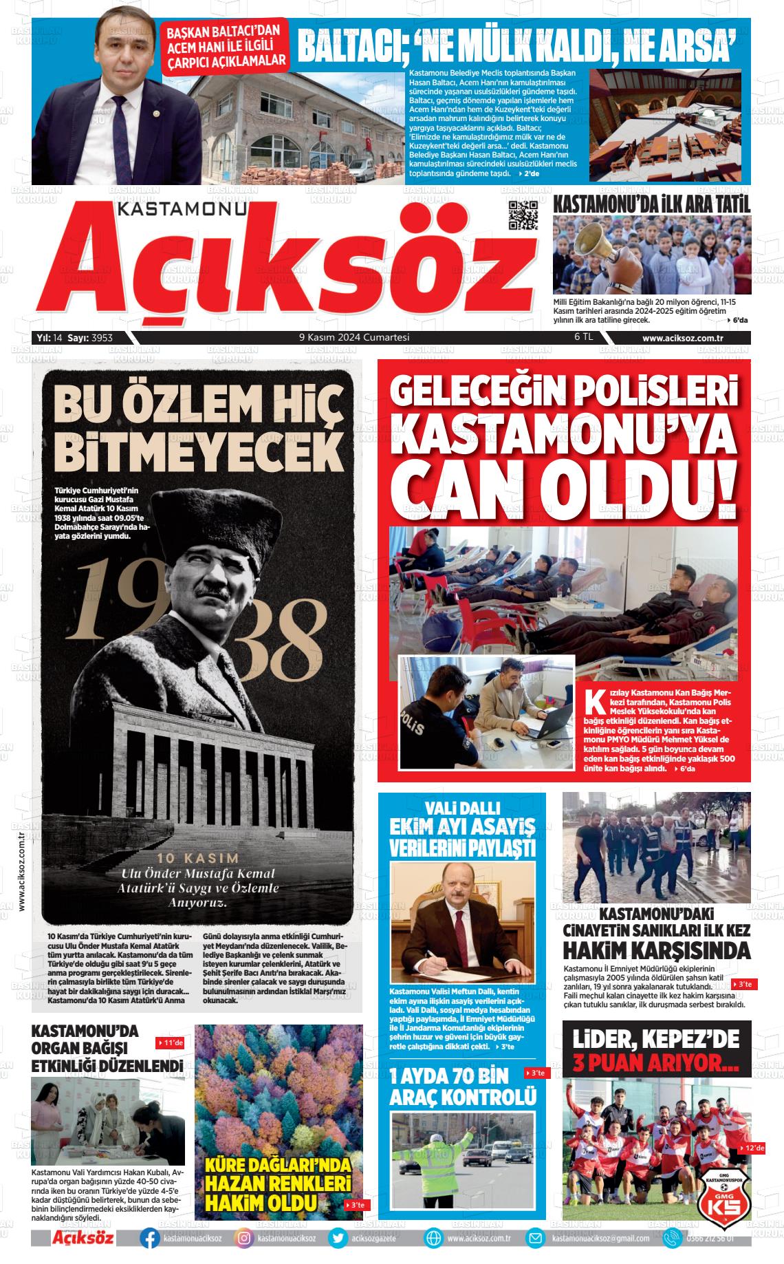 09 Kasım 2024 KASTAMONU AÇIKSÖZ GAZETESİ Gazete Manşeti