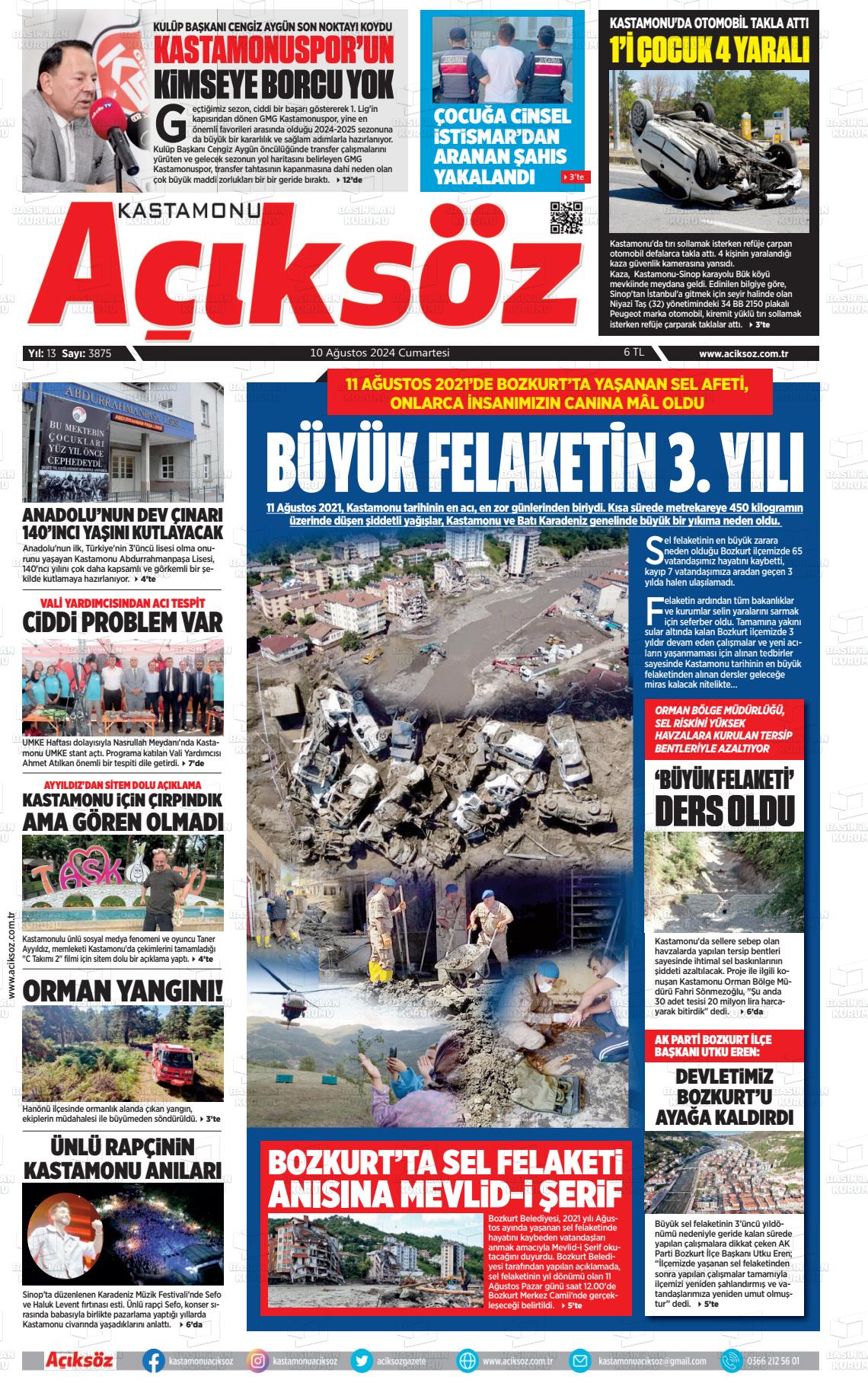 10 Ağustos 2024 KASTAMONU AÇIKSÖZ GAZETESİ Gazete Manşeti