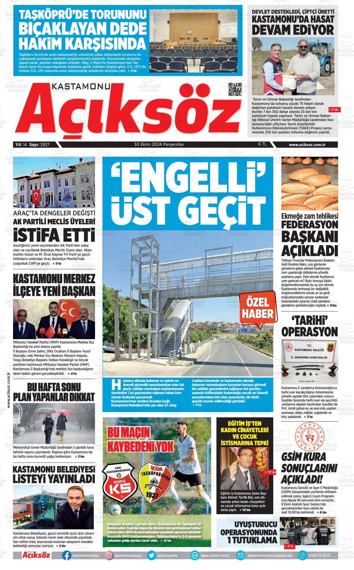 10 Ekim 2024 KASTAMONU AÇIKSÖZ GAZETESİ Gazete Manşeti