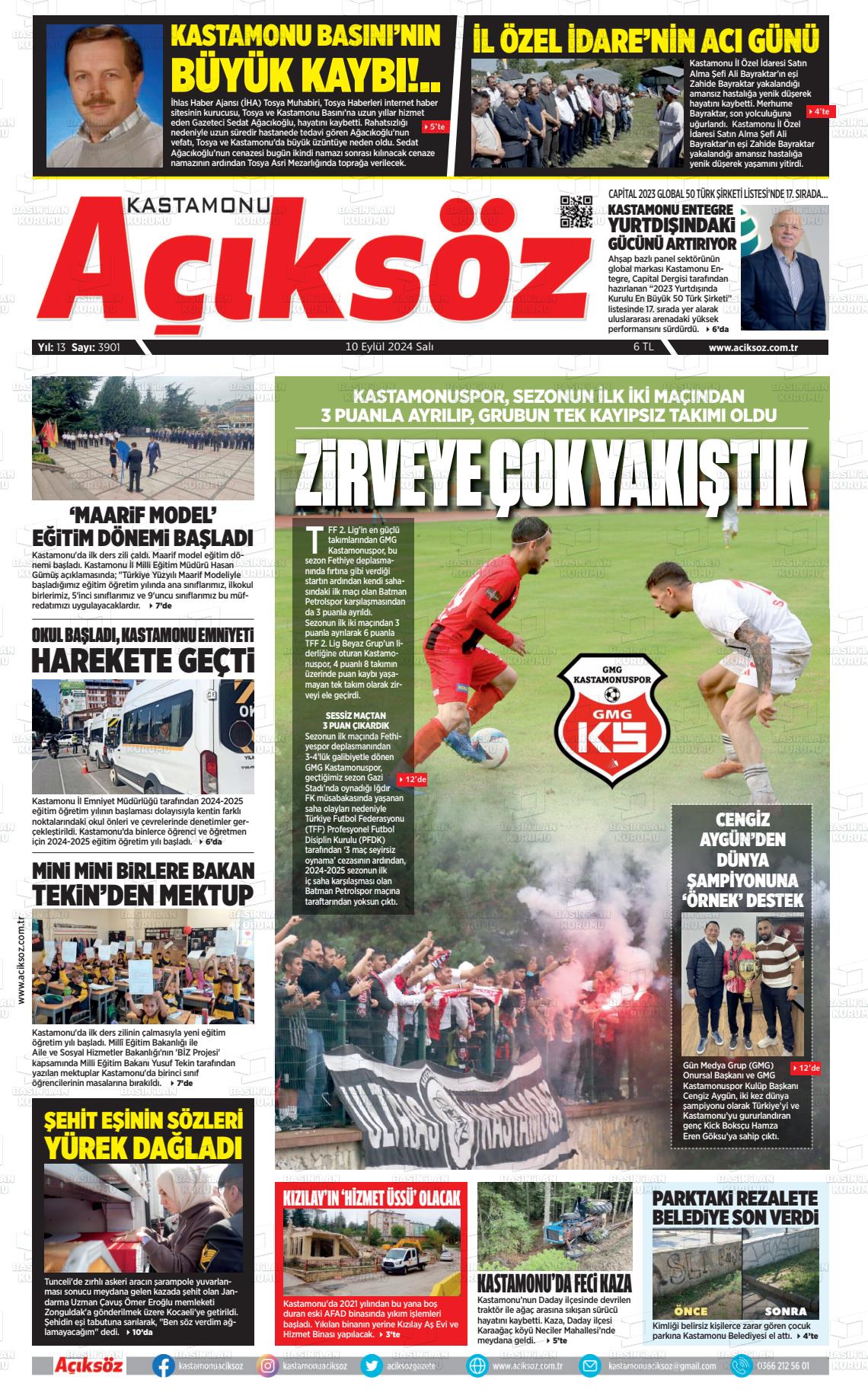 10 Eylül 2024 KASTAMONU AÇIKSÖZ GAZETESİ Gazete Manşeti