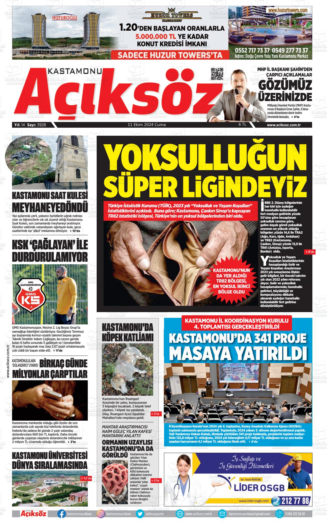 11 Ekim 2024 KASTAMONU AÇIKSÖZ GAZETESİ Gazete Manşeti