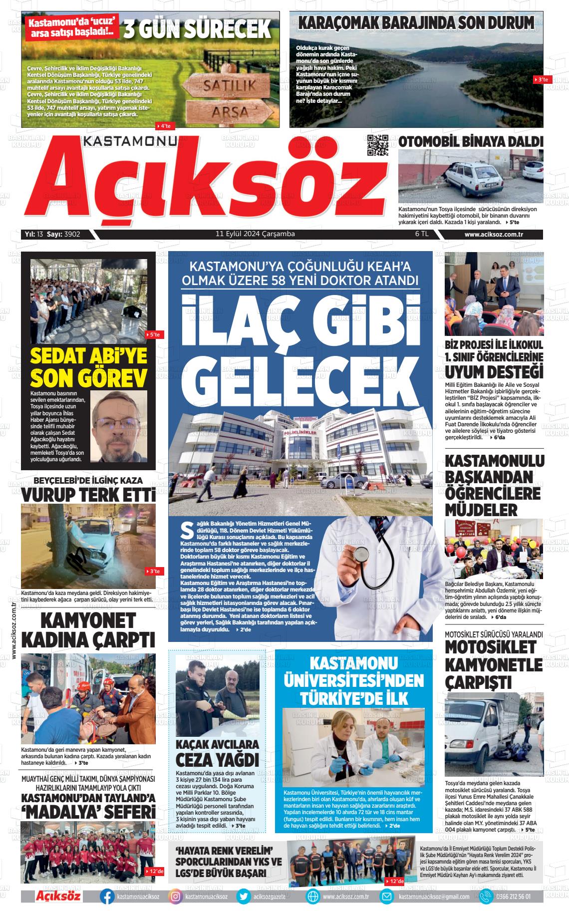 11 Eylül 2024 KASTAMONU AÇIKSÖZ GAZETESİ Gazete Manşeti