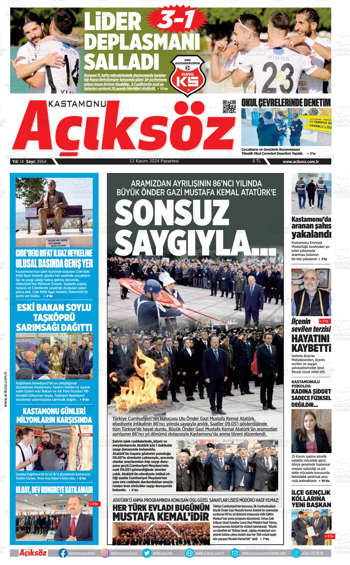 11 Kasım 2024 KASTAMONU AÇIKSÖZ GAZETESİ Gazete Manşeti