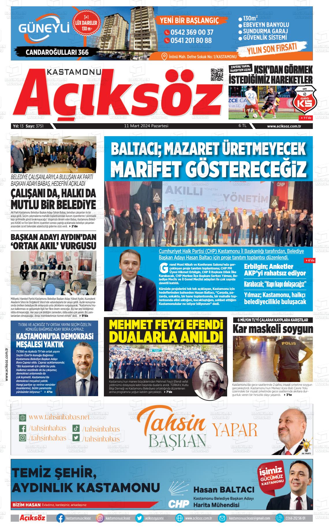 11 Mart 2024 KASTAMONU AÇIKSÖZ GAZETESİ Gazete Manşeti