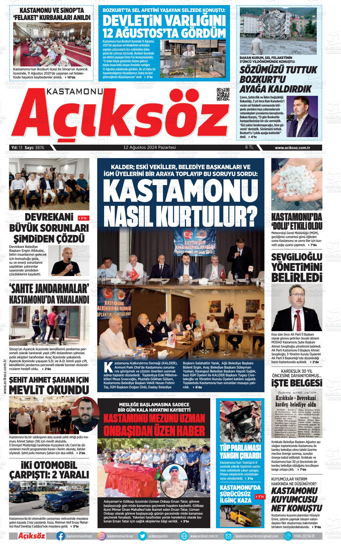 12 Ağustos 2024 KASTAMONU AÇIKSÖZ GAZETESİ Gazete Manşeti