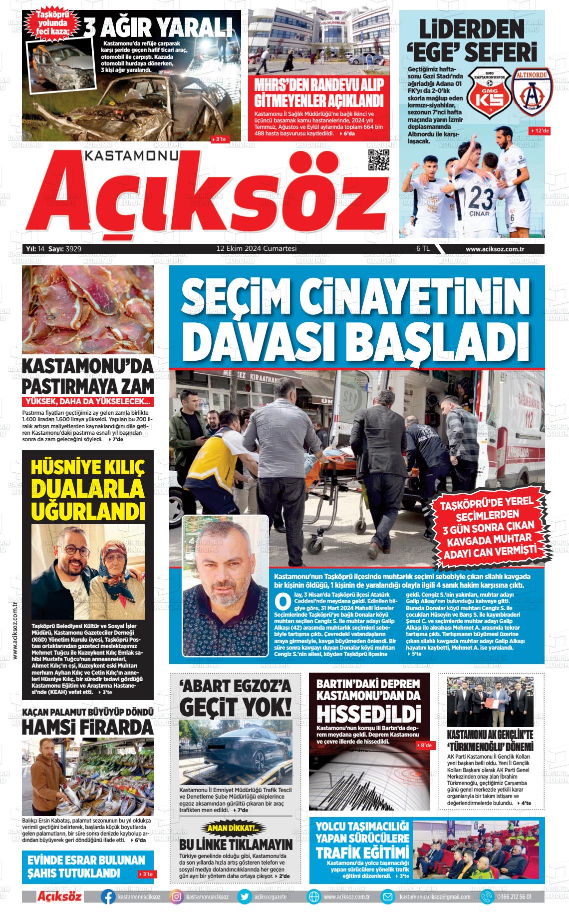 12 Ekim 2024 KASTAMONU AÇIKSÖZ GAZETESİ Gazete Manşeti