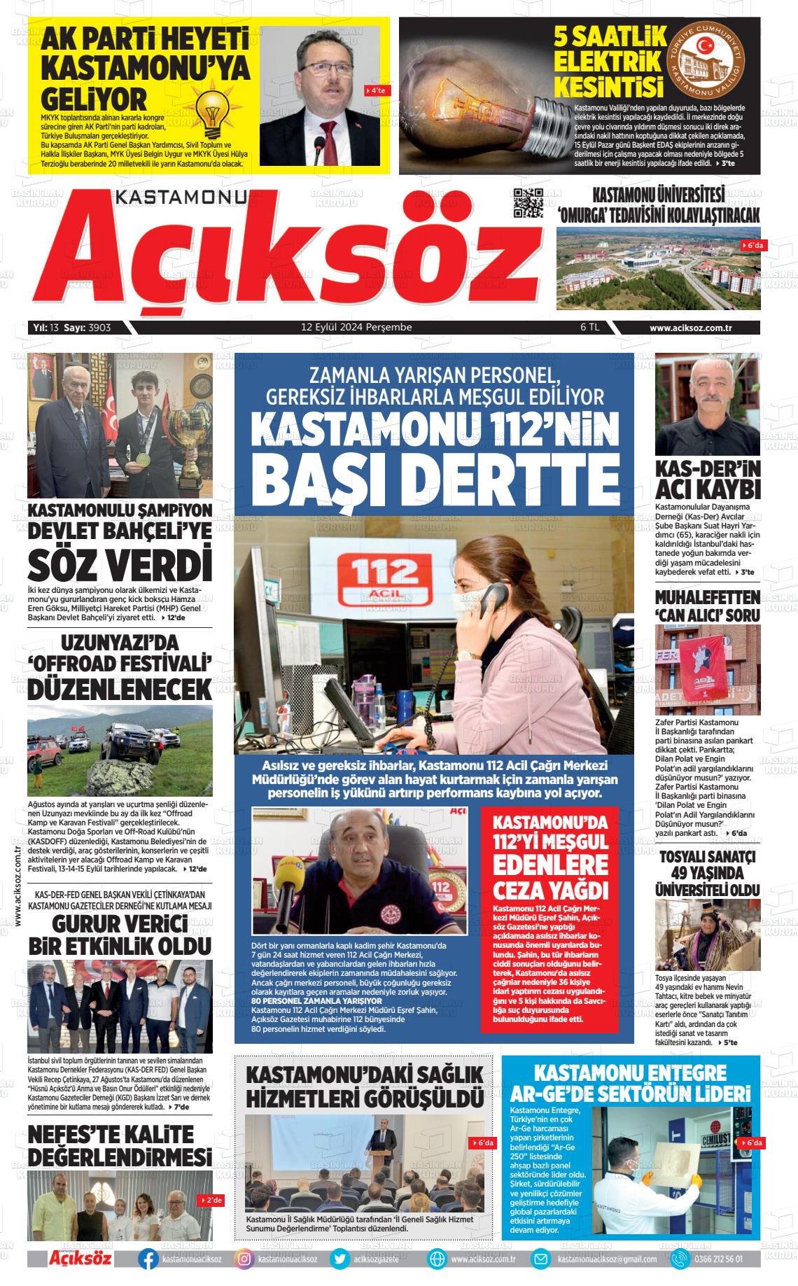 12 Eylül 2024 KASTAMONU AÇIKSÖZ GAZETESİ Gazete Manşeti