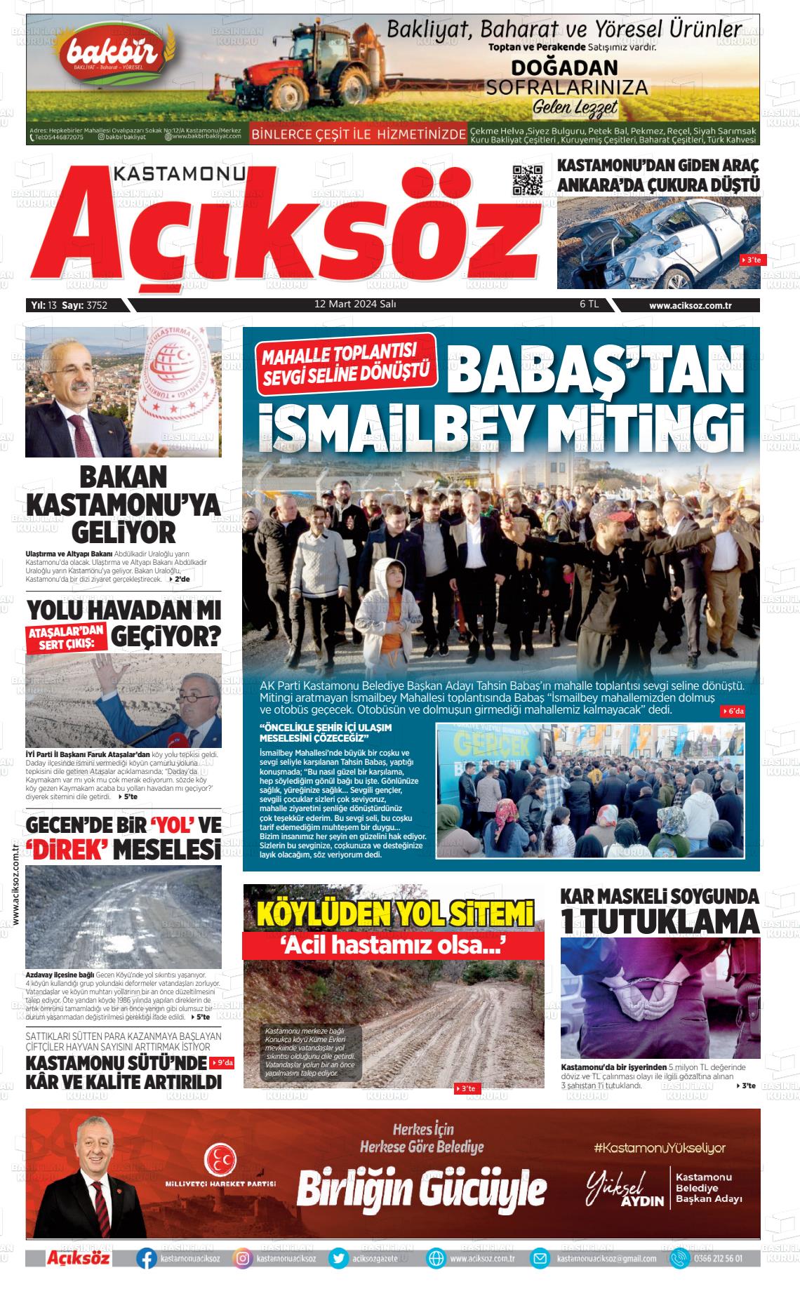 12 Mart 2024 KASTAMONU AÇIKSÖZ GAZETESİ Gazete Manşeti