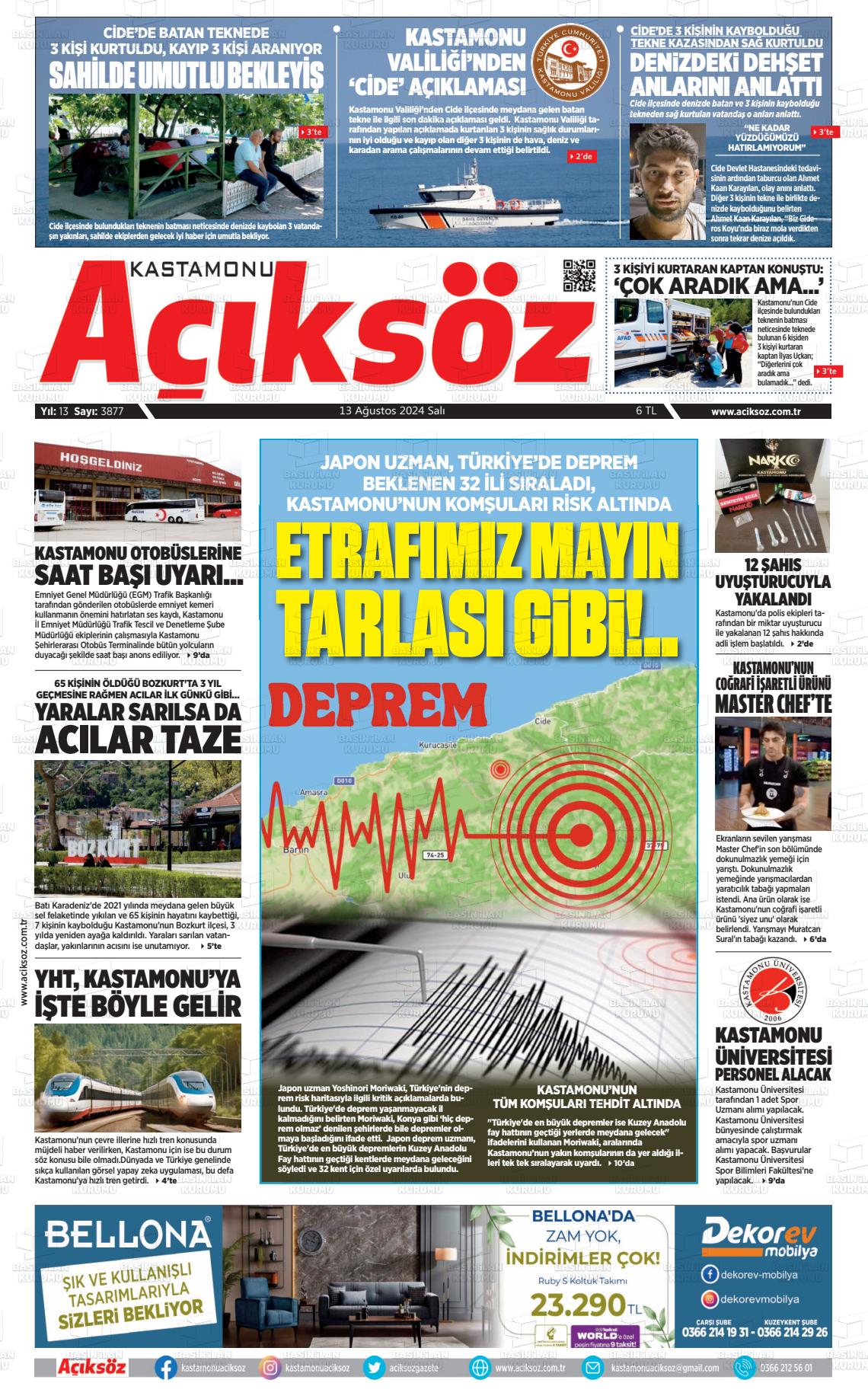 13 Ağustos 2024 KASTAMONU AÇIKSÖZ GAZETESİ Gazete Manşeti