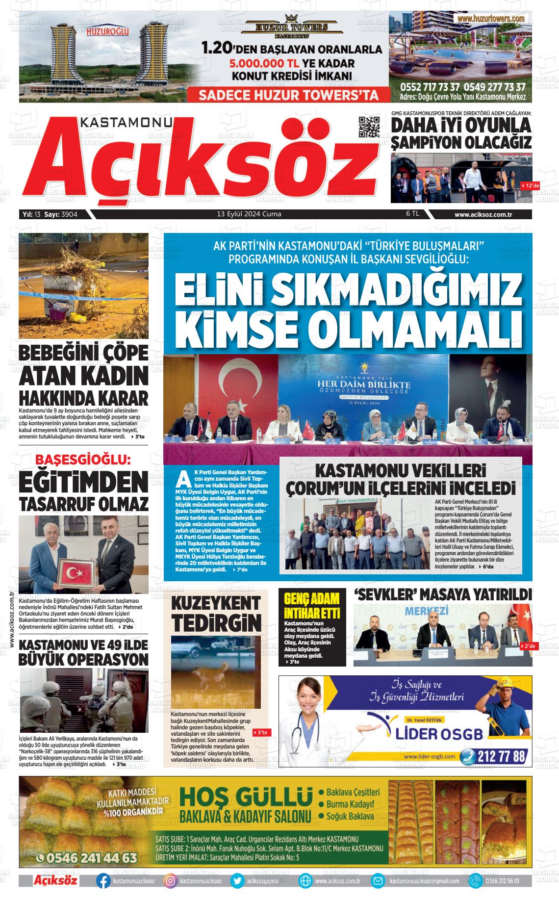 13 Eylül 2024 KASTAMONU AÇIKSÖZ GAZETESİ Gazete Manşeti