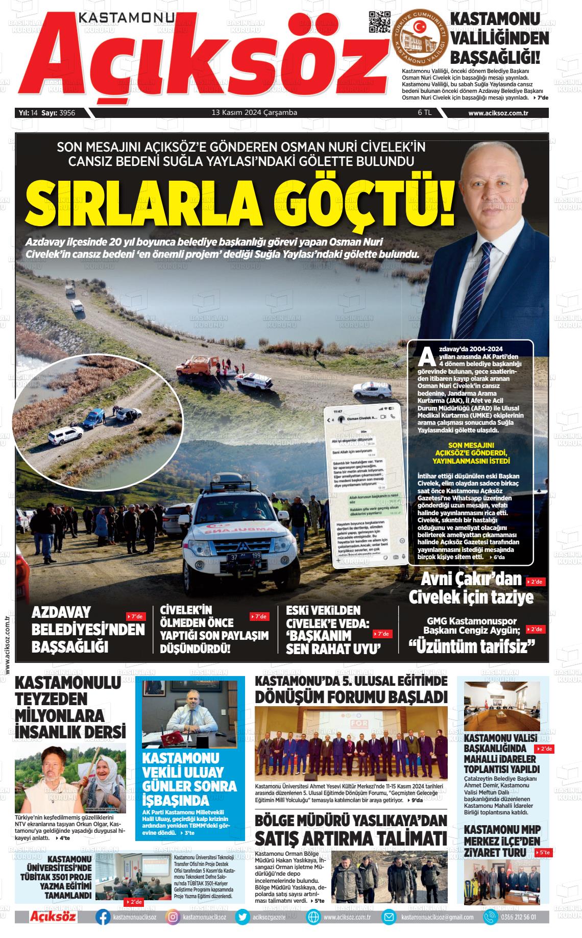 13 Kasım 2024 KASTAMONU AÇIKSÖZ GAZETESİ Gazete Manşeti