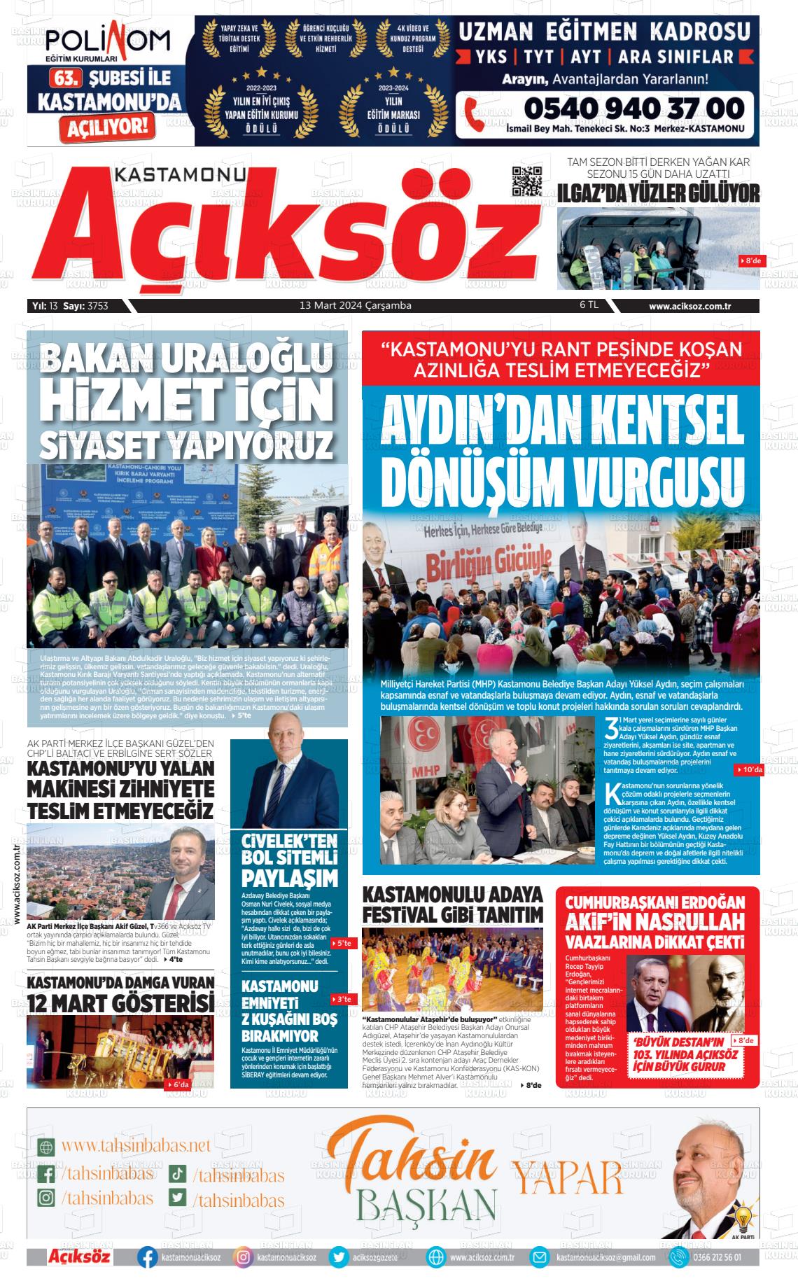 13 Mart 2024 KASTAMONU AÇIKSÖZ GAZETESİ Gazete Manşeti